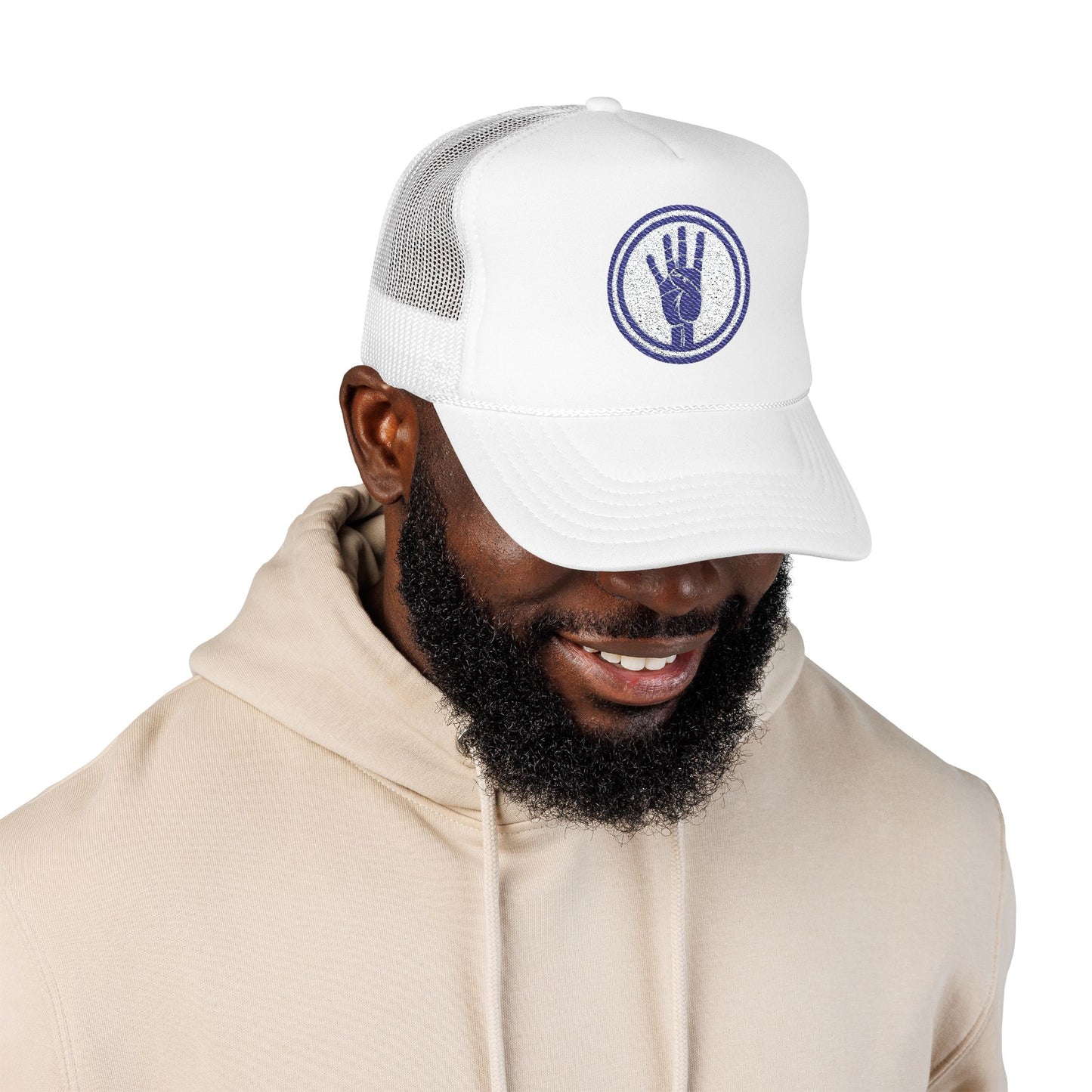4ever4s Trucker Hat — Embroidered Four-Finger Hand Logo (Vintage Circle)