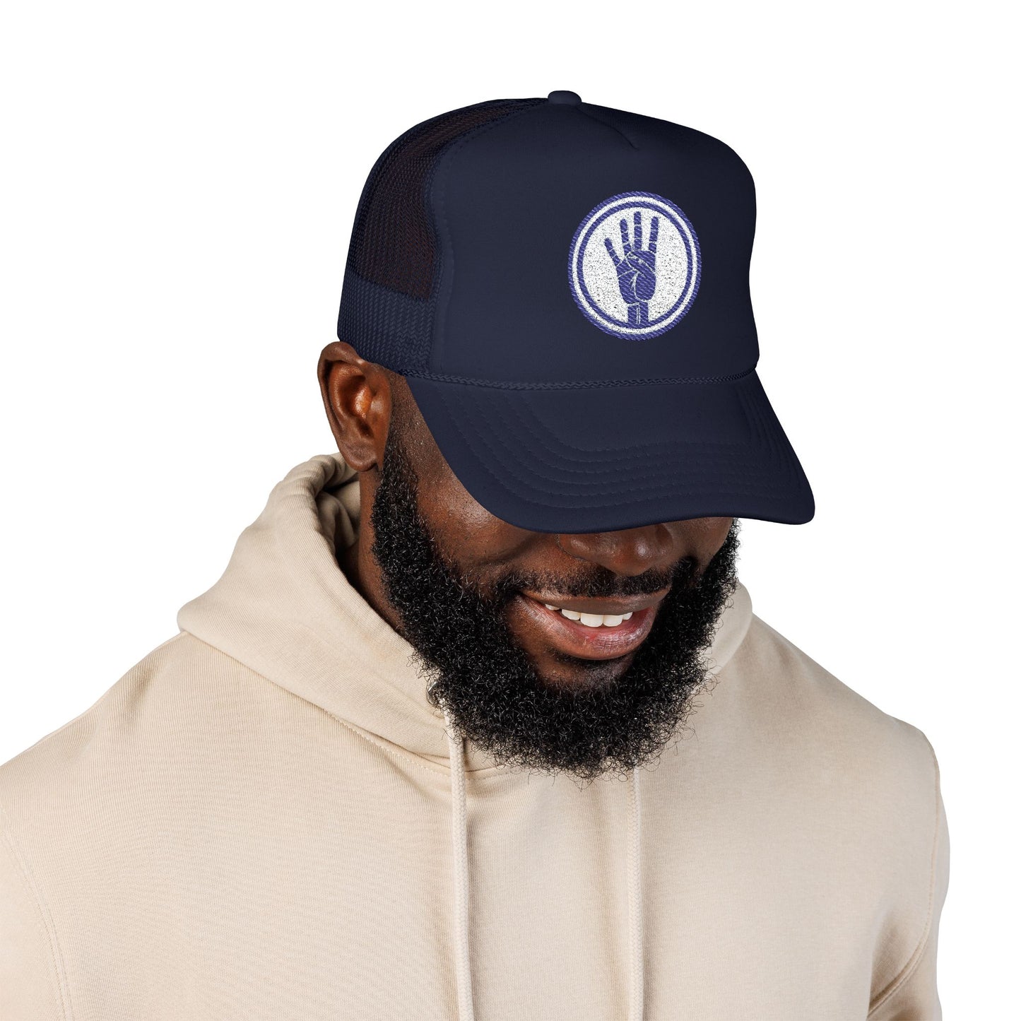 4ever4s Trucker Hat — Embroidered Four-Finger Hand Logo (Vintage Circle)