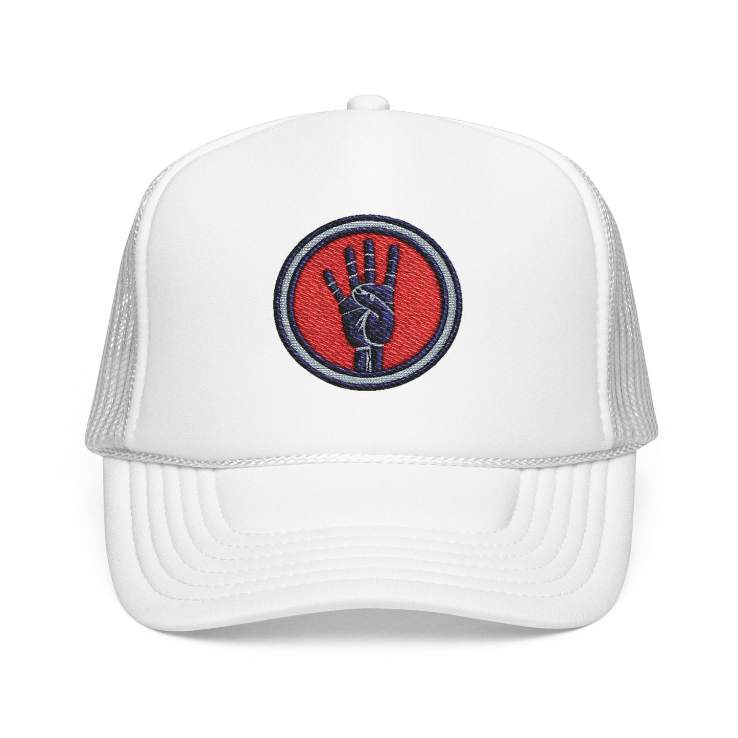 4ever4s Embroidered Trucker Hat — Raised Fist Patch Red Foam Snapback