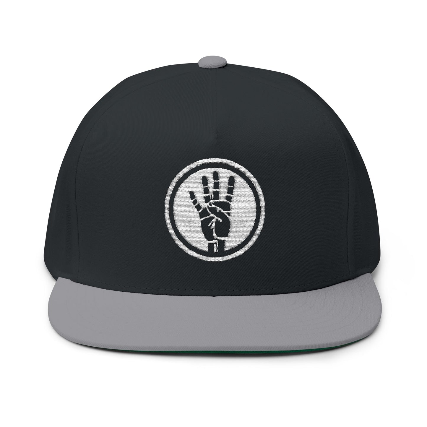 Embroidered Flat Bill Cap — Raised Hand Emblem Snapback