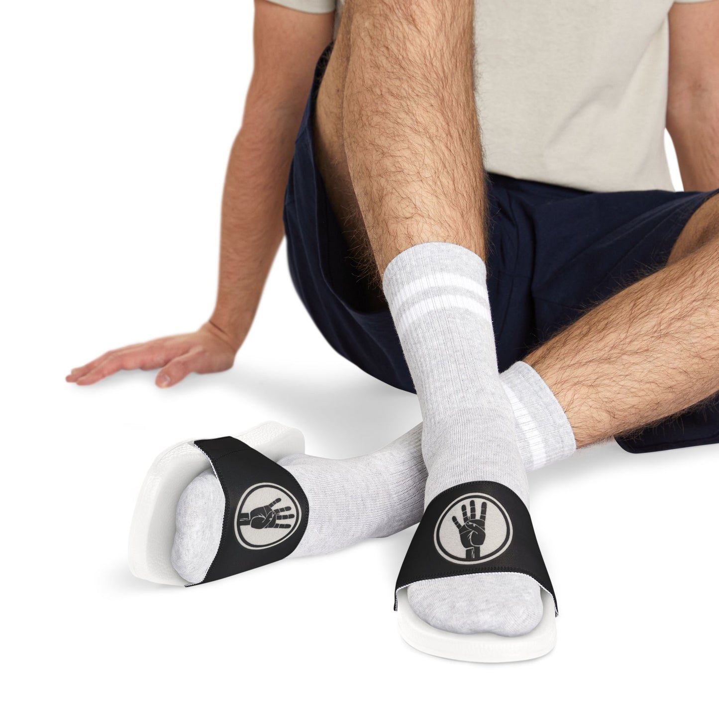4ever4s Slide Sandals — Men’s Black Strap Slides with Hand Logo