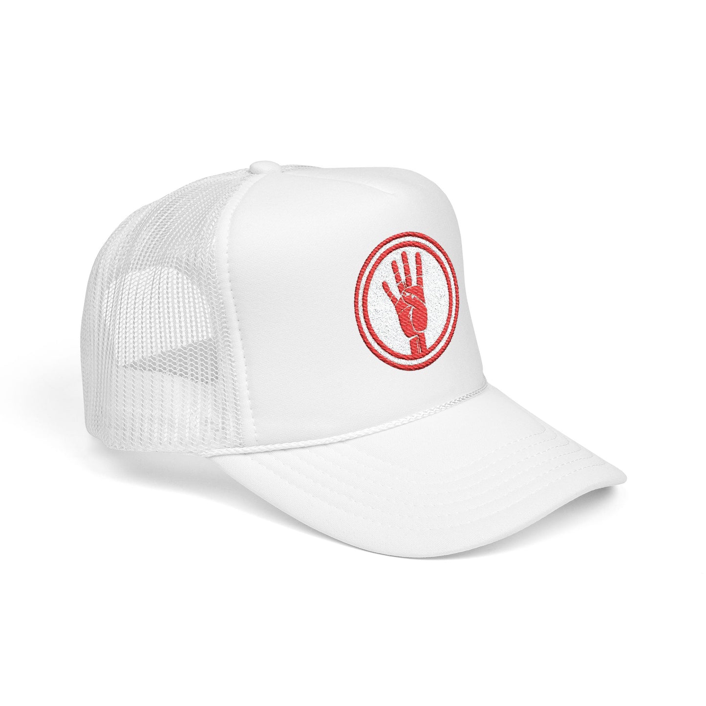 4ever4s Red Trucker Hat with Distressed Four-Finger Hand Embroidery