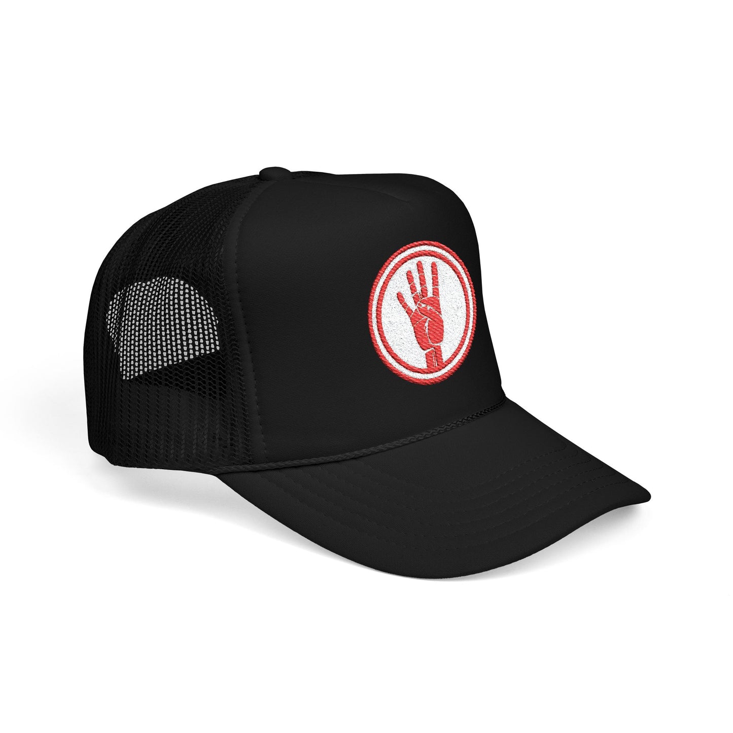 4ever4s Red Trucker Hat with Distressed Four-Finger Hand Embroidery
