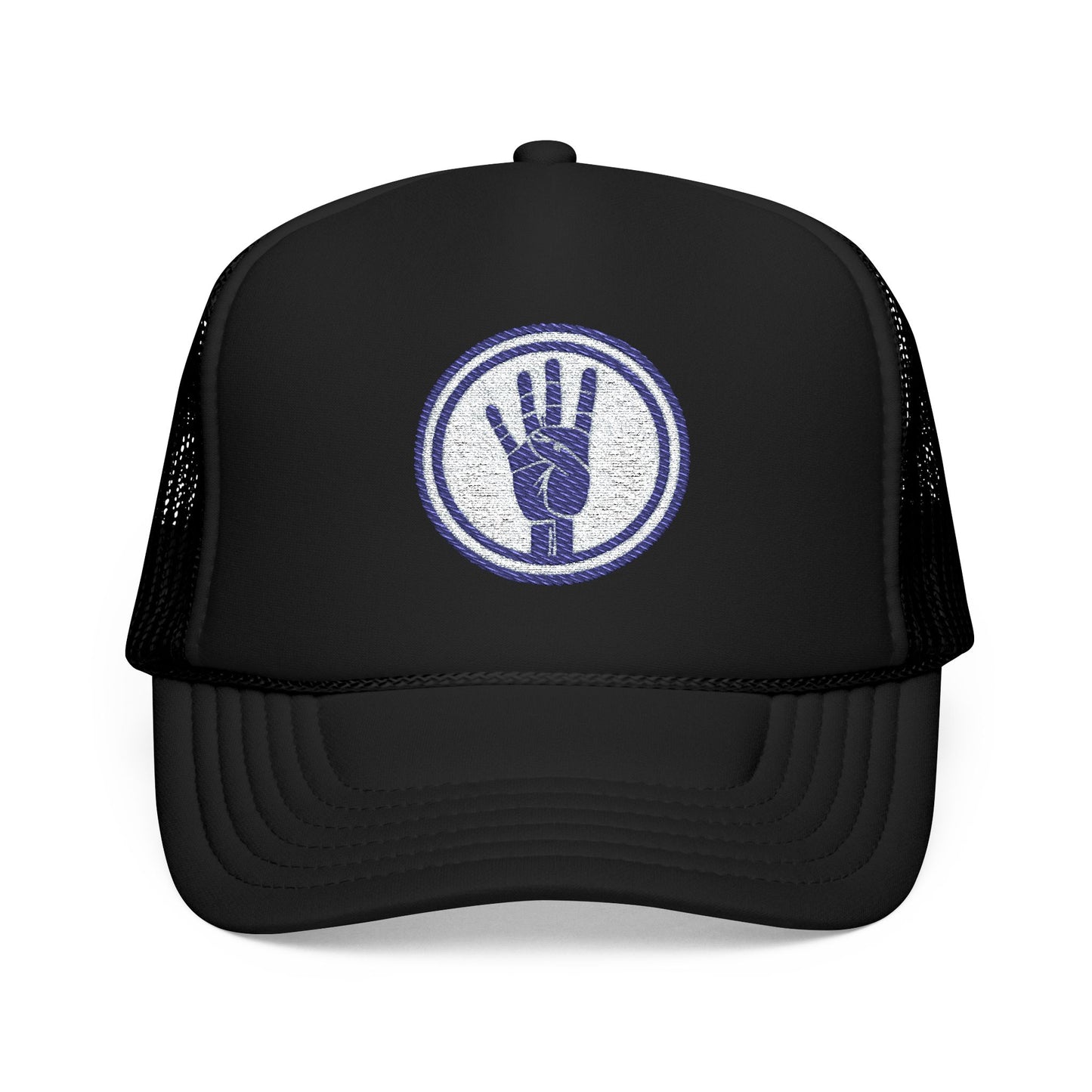 4ever4s Trucker Hat — Embroidered Four-Finger Hand Logo (Vintage Circle)