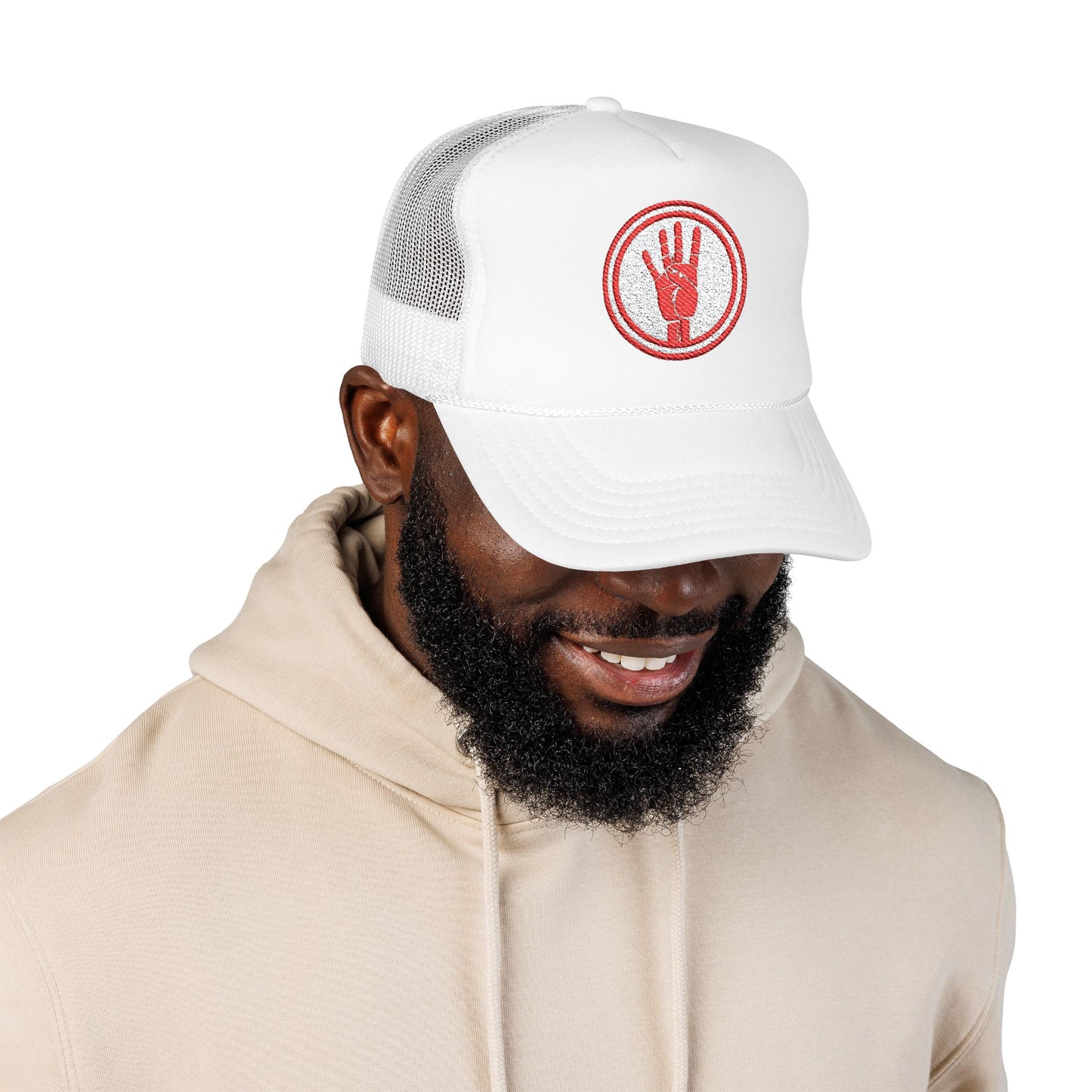 4ever4s Red Trucker Hat with Distressed Four-Finger Hand Embroidery