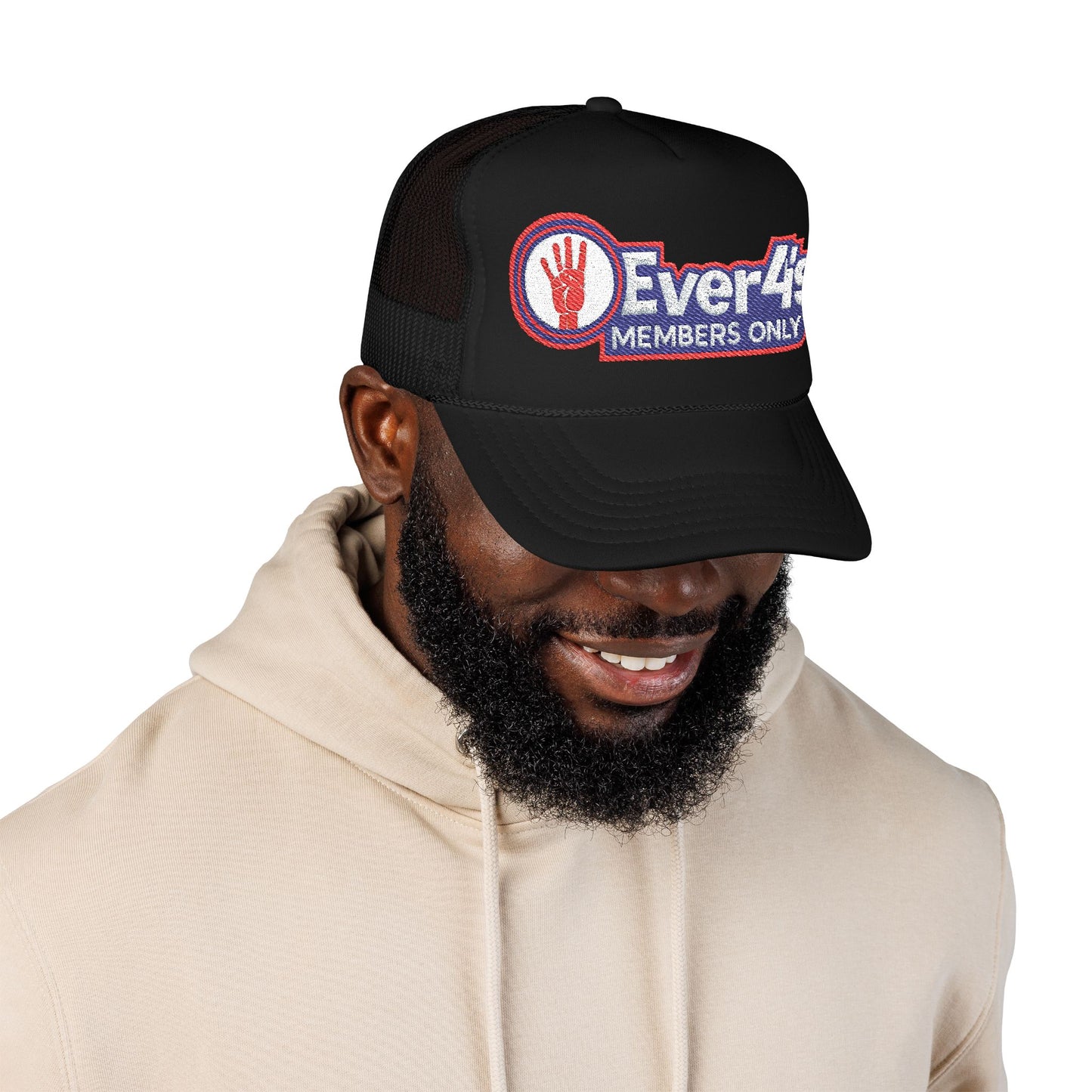 Members Only 4ever4s Foam Trucker Hat — "Ever4's Members Only" Embroidered Red Mesh Cap