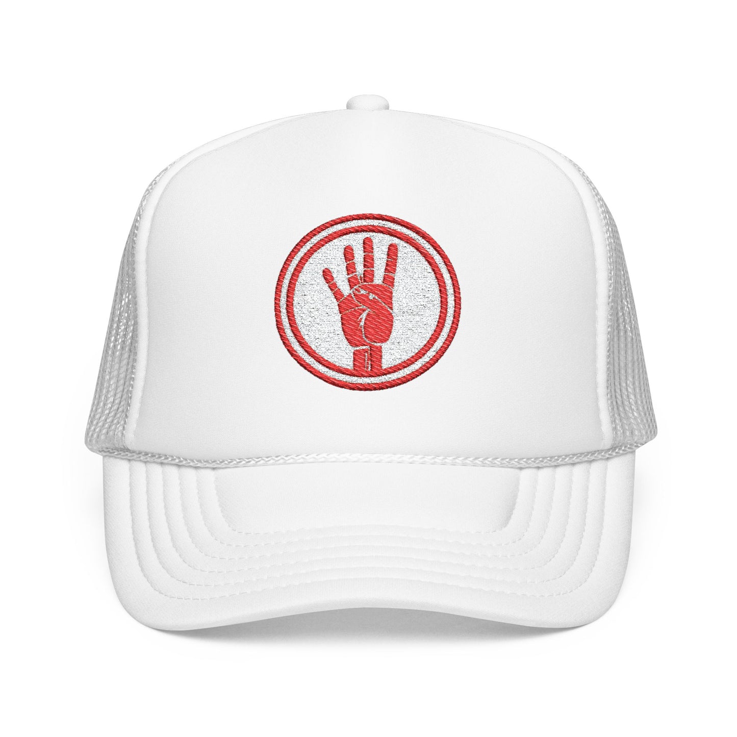 4ever4s Red Trucker Hat with Distressed Four-Finger Hand Embroidery