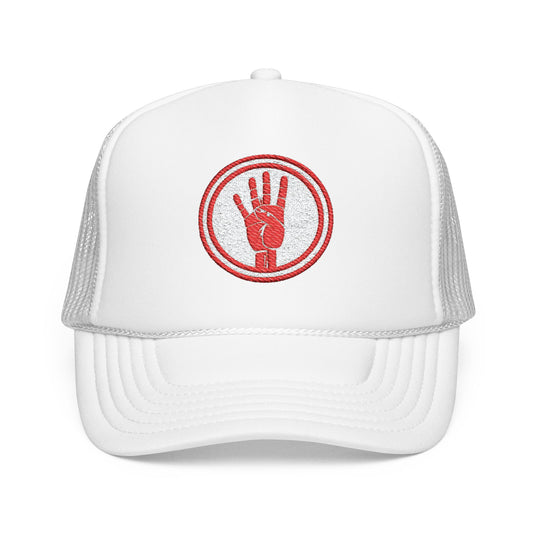 4ever4s Red Trucker Hat with Distressed Four-Finger Hand Embroidery