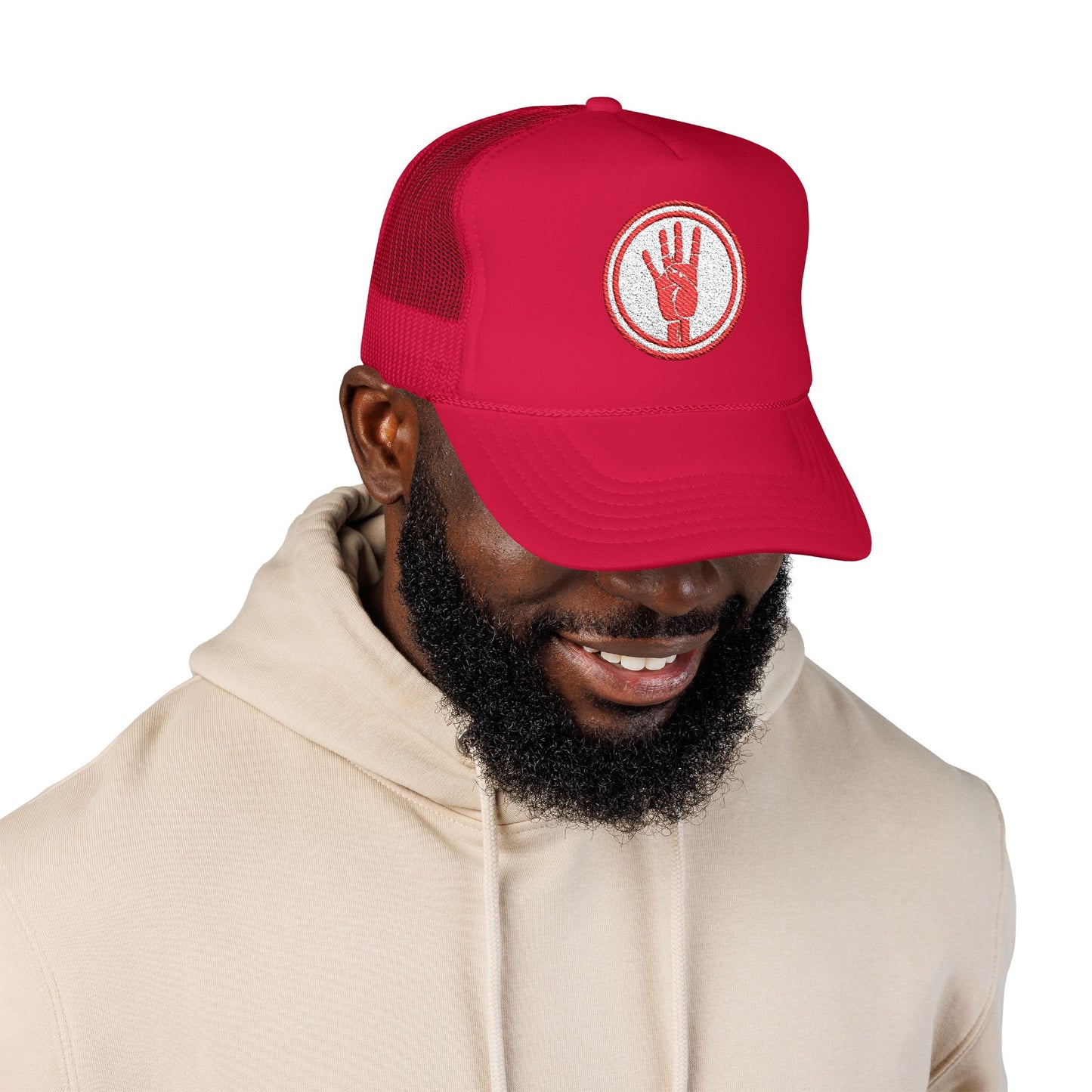 4ever4s Red Trucker Hat with Distressed Four-Finger Hand Embroidery