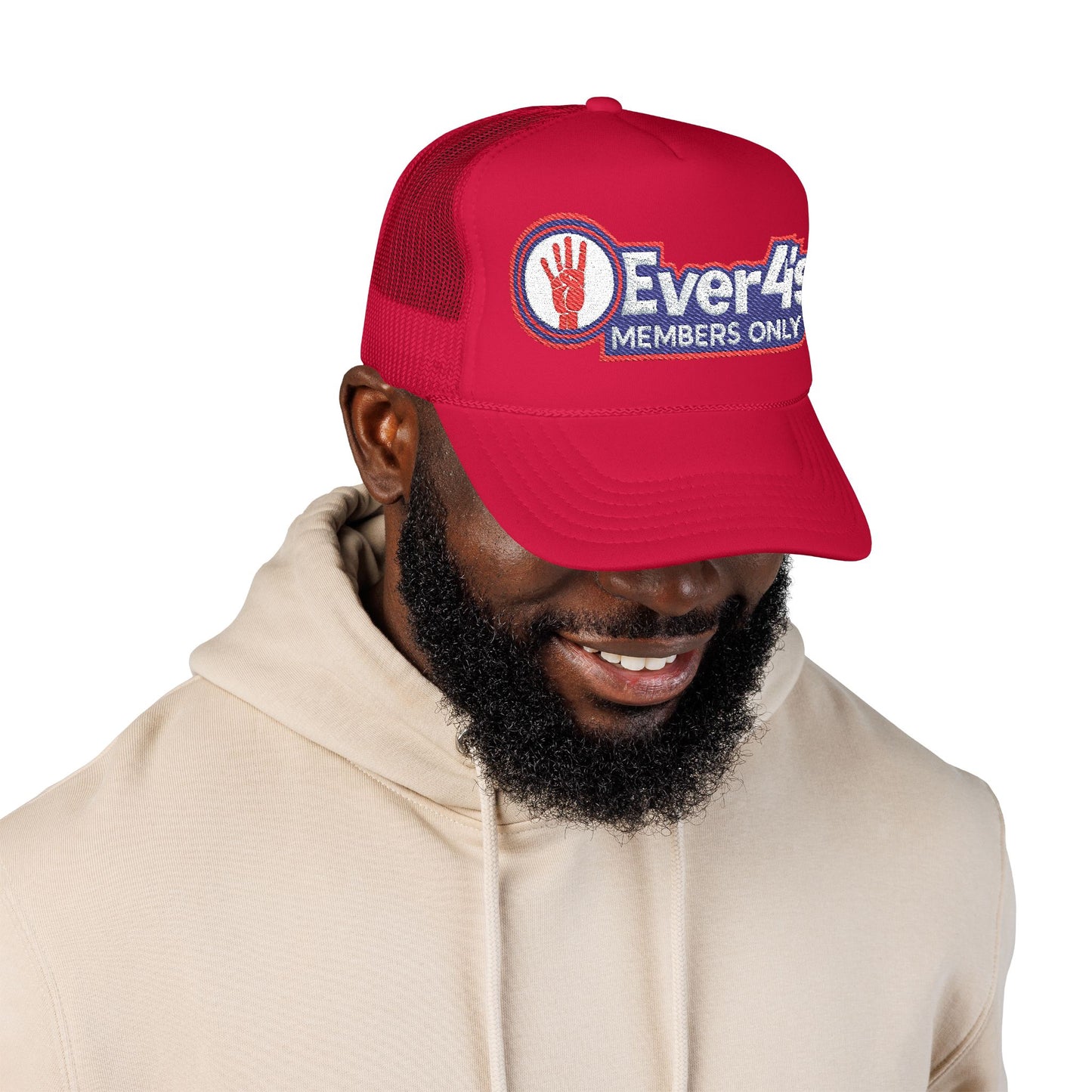 Members Only 4ever4s Foam Trucker Hat — "Ever4's Members Only" Embroidered Red Mesh Cap