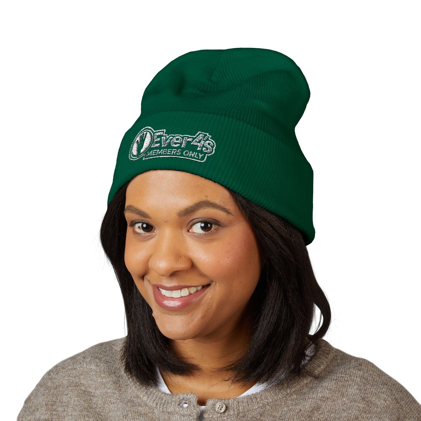 4Ever4s  "Members Only" Embroidered Cuffed Beanie — Olive Knit Winter Hat