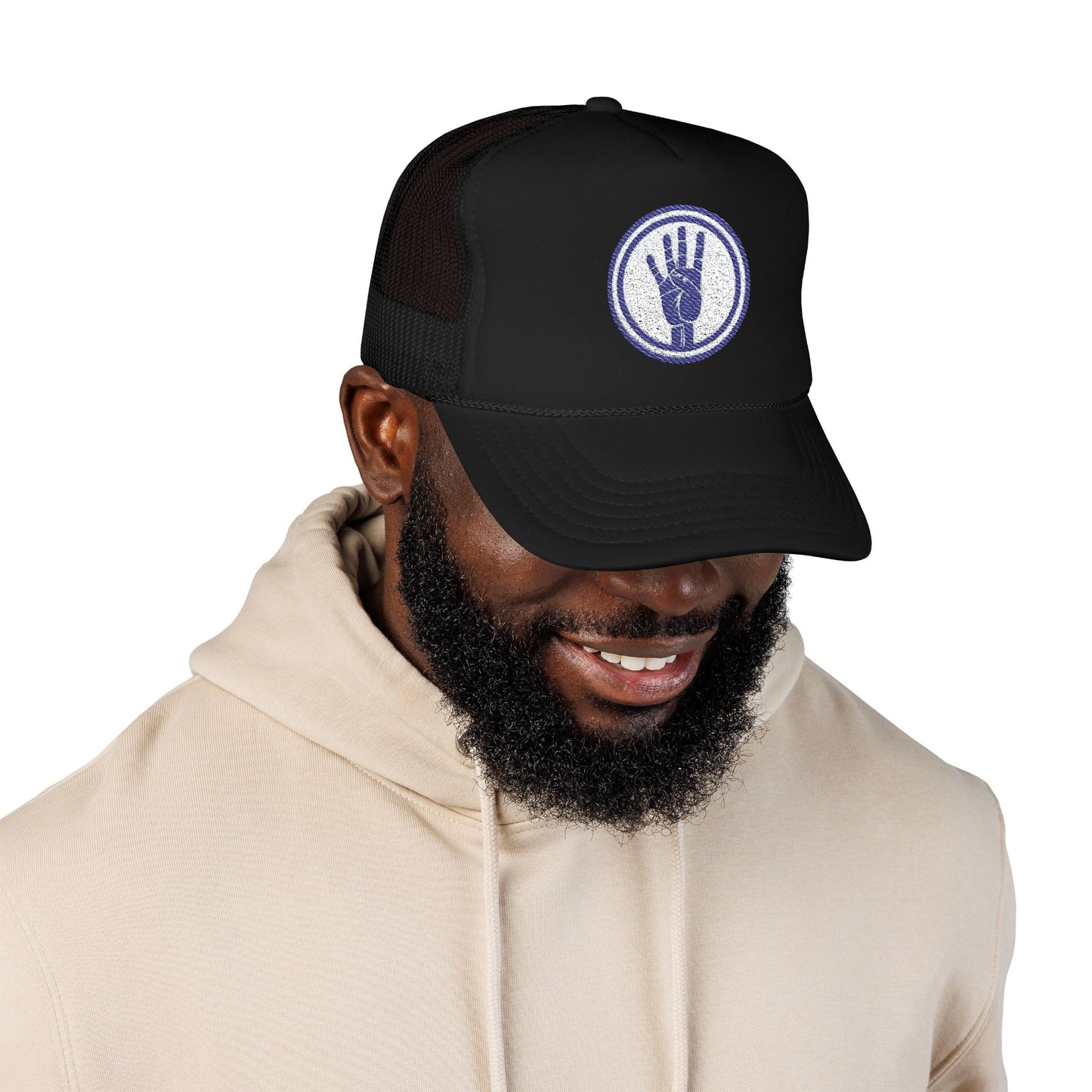 4ever4s Trucker Hat — Embroidered Four-Finger Hand Logo (Vintage Circle)