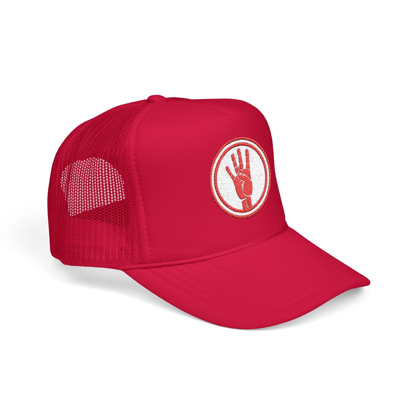 4ever4s Red Trucker Hat with Distressed Four-Finger Hand Embroidery