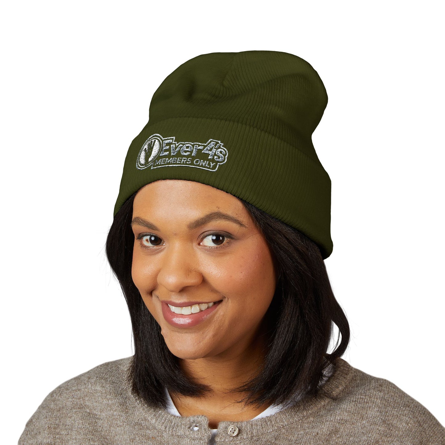 4Ever4s  "Members Only" Embroidered Cuffed Beanie — Olive Knit Winter Hat