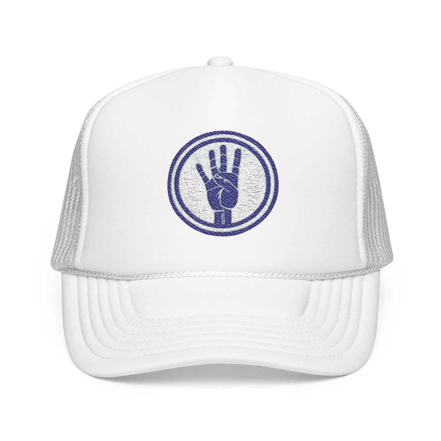 4ever4s Trucker Hat — Embroidered Four-Finger Hand Logo (Vintage Circle)