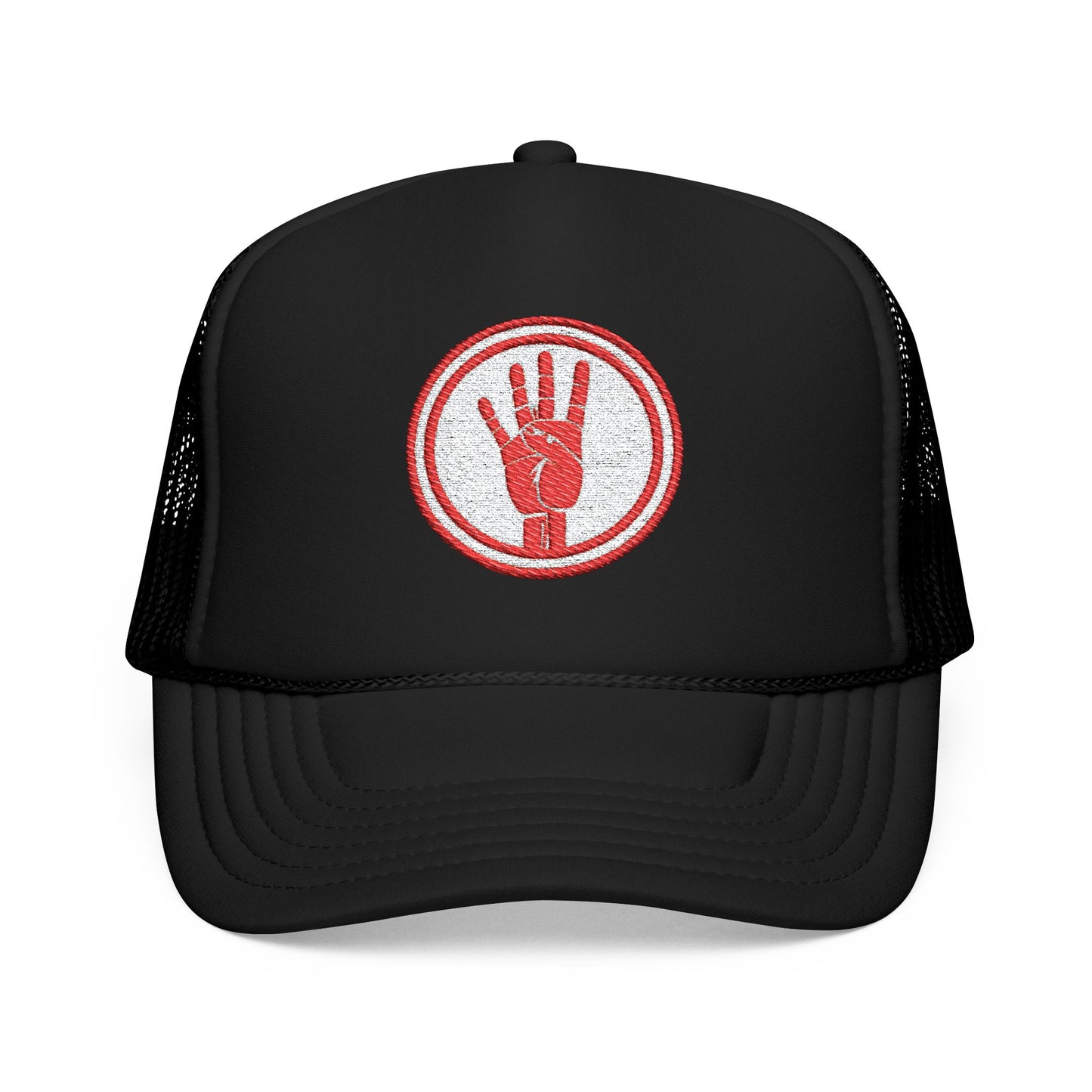 4ever4s Red Trucker Hat with Distressed Four-Finger Hand Embroidery