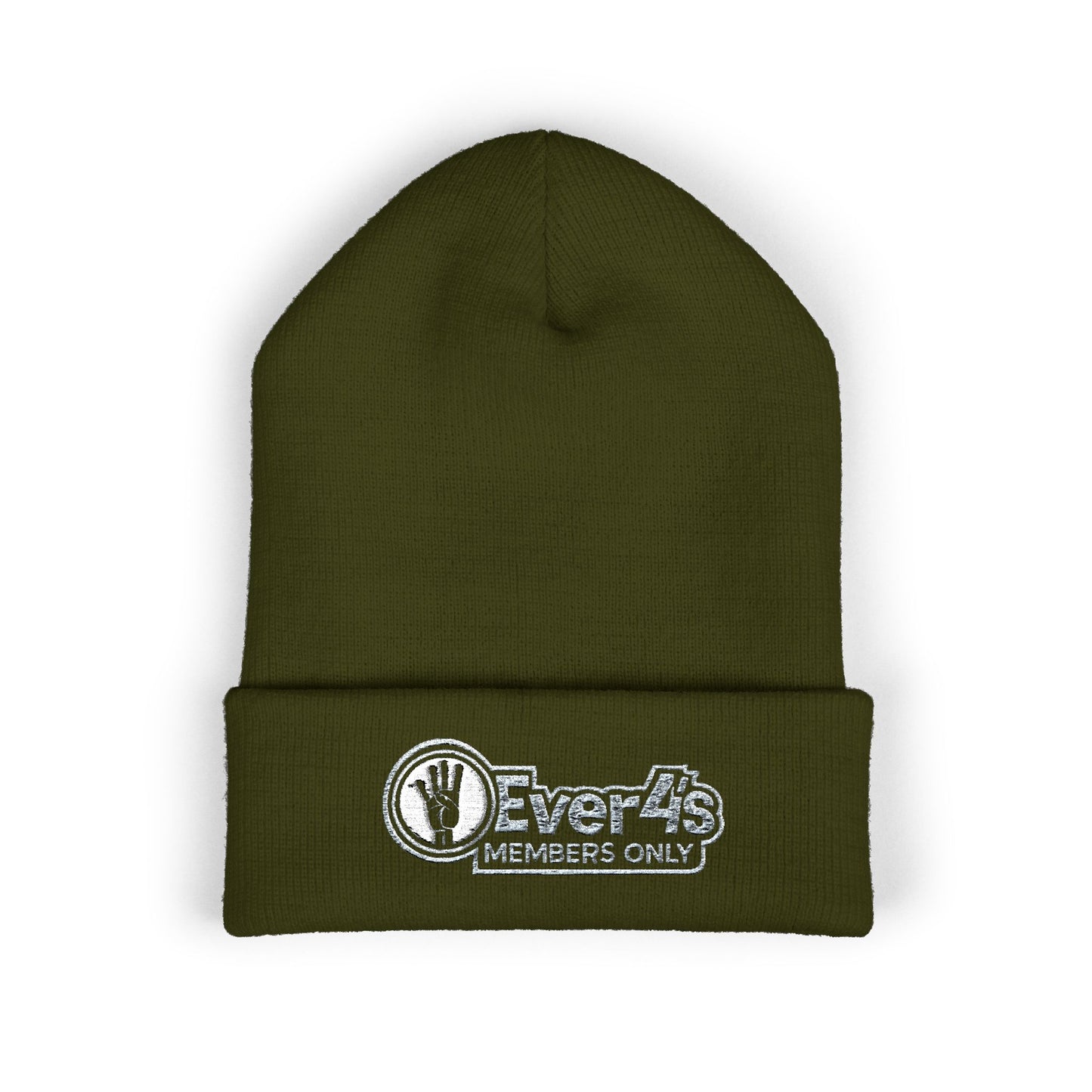 4Ever4s  "Members Only" Embroidered Cuffed Beanie — Olive Knit Winter Hat