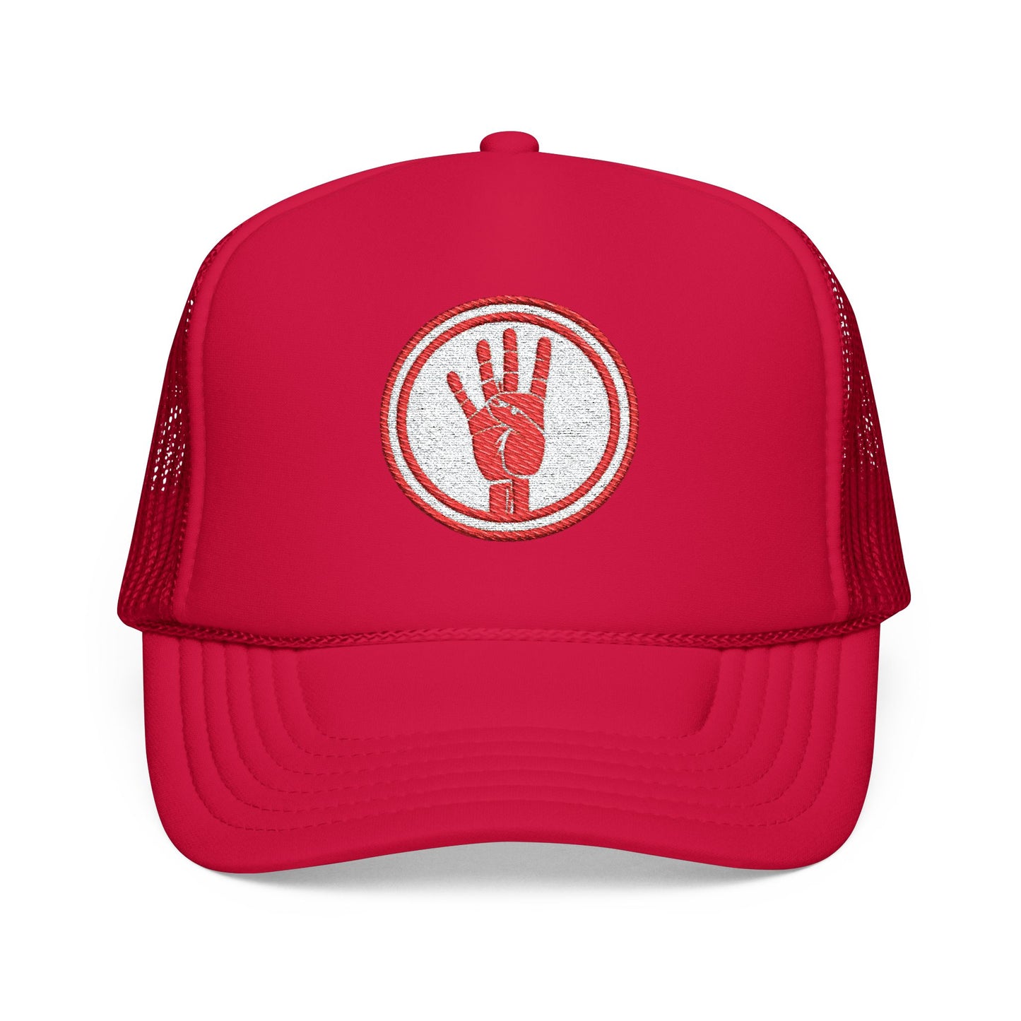 4ever4s Red Trucker Hat with Distressed Four-Finger Hand Embroidery