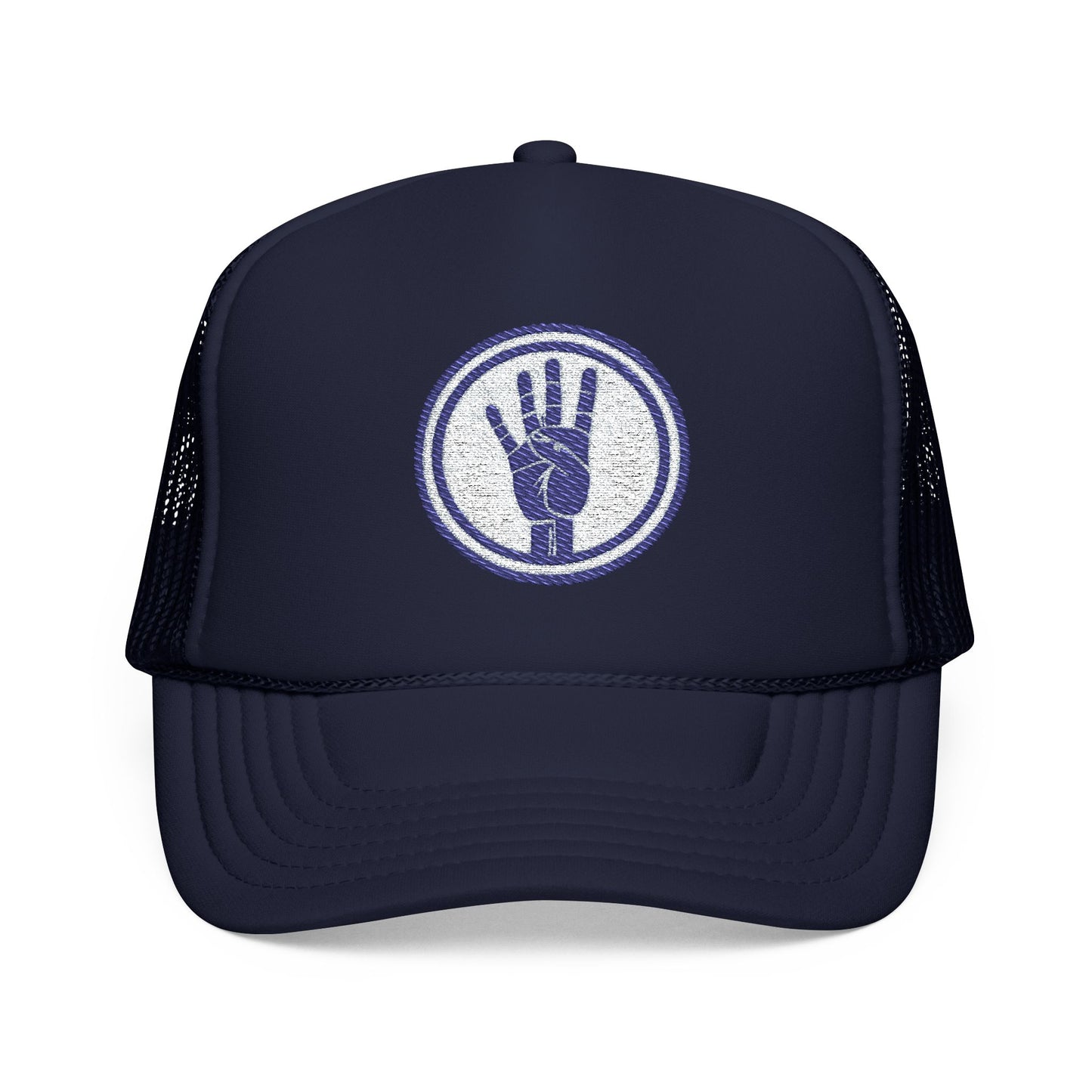 4ever4s Trucker Hat — Embroidered Four-Finger Hand Logo (Vintage Circle)
