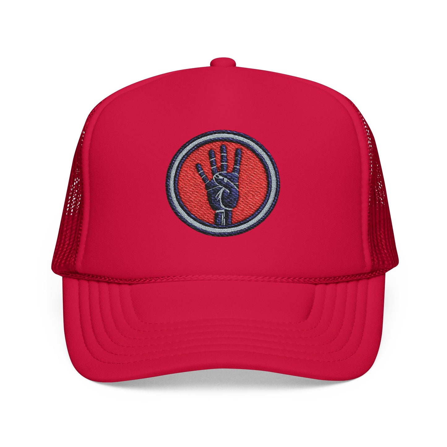 4ever4s Embroidered Trucker Hat — Raised Fist Patch Red Foam Snapback