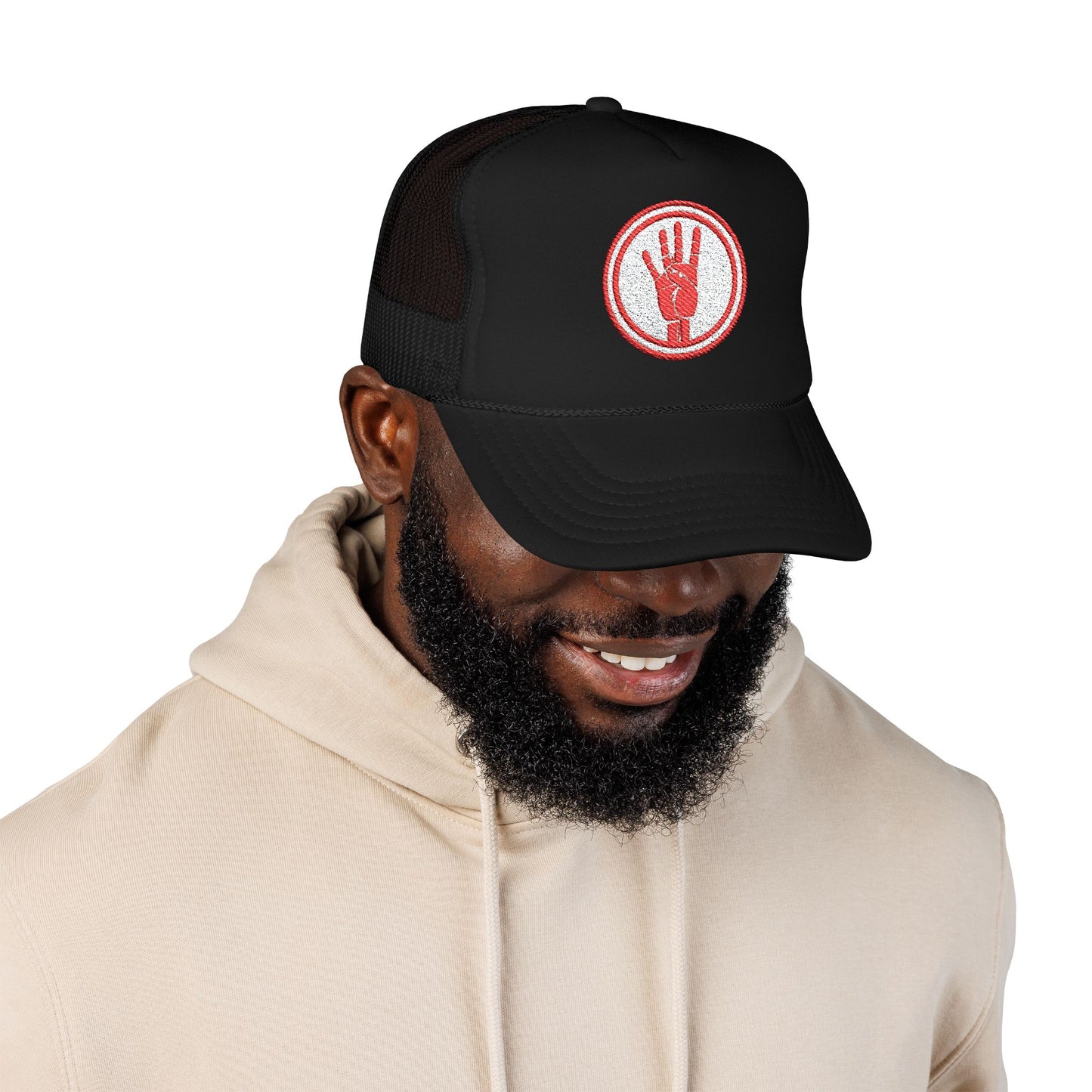 4ever4s Red Trucker Hat with Distressed Four-Finger Hand Embroidery