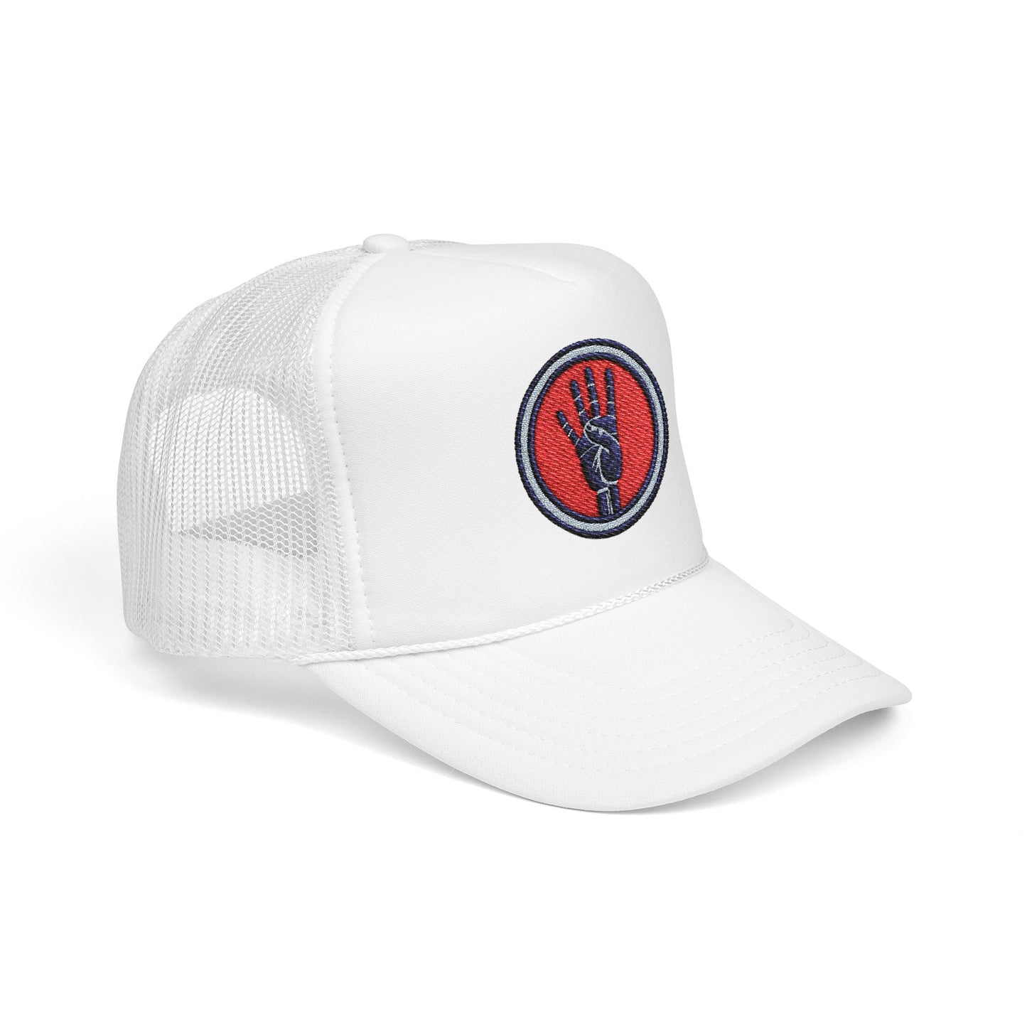 4ever4s Embroidered Trucker Hat — Raised Fist Patch Red Foam Snapback